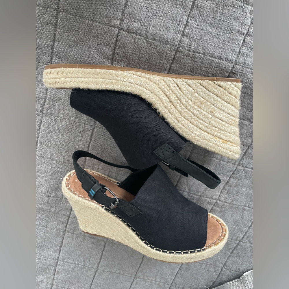 Toms Monica Black Oxford Espadrille Wedge Sandals 7.5 Like New - Picture 4 of 9